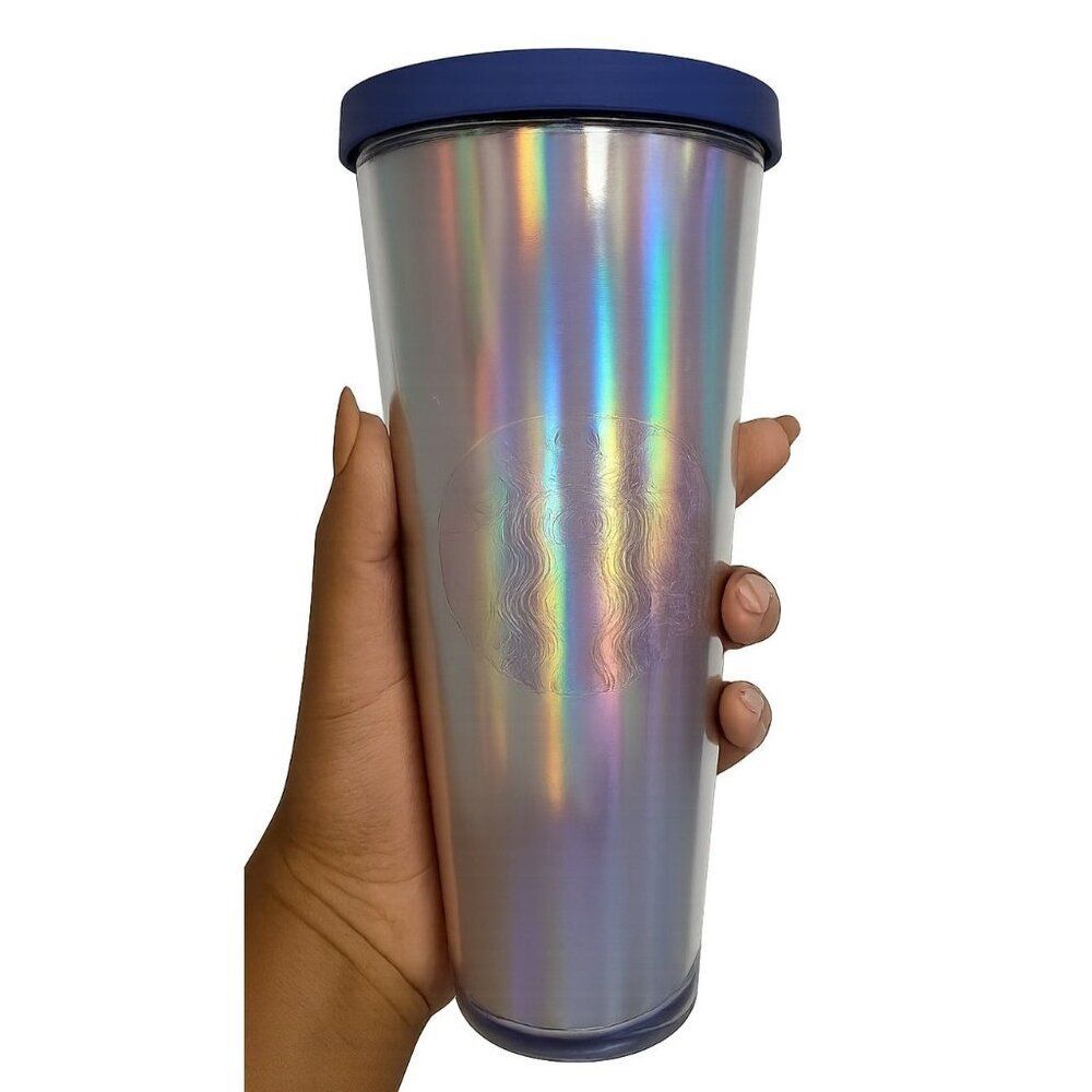 Starbucks Rainbow Iridescent Travel Tumbler Cold Cup 2015 Venti 24 Oz Blue